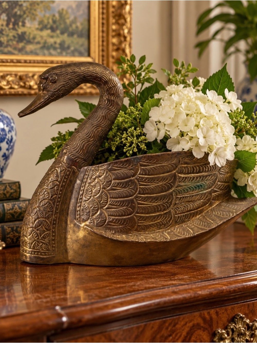Vintage Brass Swan Planter Bowl Ornate Bird Sculpture Chinoiserie Decor